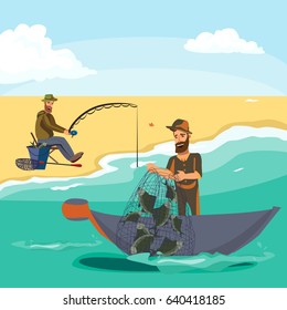 Cartoon fisherman standing in hat and pulls net on boat out of sea, happy fishman holds fish catch and spin vecor illustration fisher threw fishing rod into water concept, man active hobby character