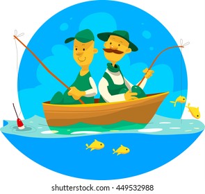 Cartoon fishermen in boat with rods fish vector illustration