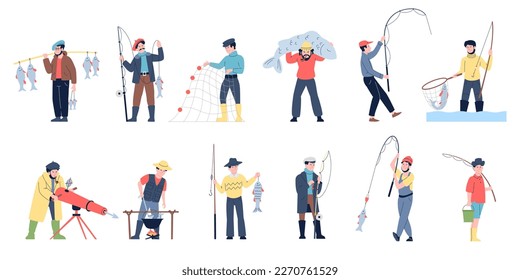 Personajes de los pescadores de caricaturas. Pescadores activos relajantes, recreación en la naturaleza y pasatiempos. Pesca de ocio, hombre sostiene pescado gigante. Hombres con barras conjunto de vector reciente