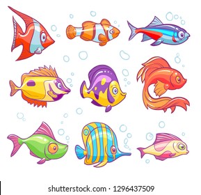 Cartoon fishes. Aquarium sea tropical fish funny underwater animals. Goldfish kids vector isolated illustrations