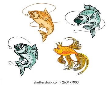 Cartoon fishes catching hooks and bright goldfish in crown with wavy lush tail and fins suited for luck concept or fishing emblem design 