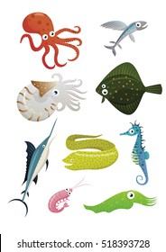 Cartoon fishes collection.  Flying fish, Flounder fish, Moray Eel fish,  jumping Marlin fish, Seahorse fish, Cuttlefish, Nautilus, Octopus, Prawn