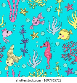 Cartoon fishes seamless pattern. Kids texture for fabric, textile, paper. Vector background