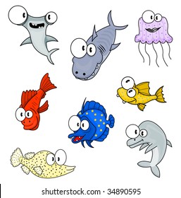 Cartoon fishes, sharks, a jellyfish and a dolphin isolated on white