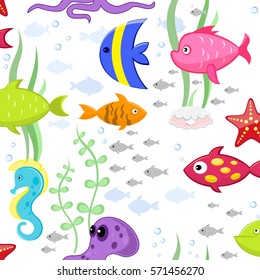 Cartoon fishes vector seamless pattern. Vertical Brick tile, offset 1/2