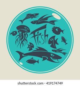 Cartoon fishes, vector set.