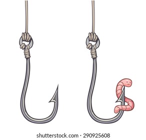 Cartoon fishhook with pink earthworm