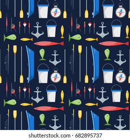 Cartoon Fishing Background Pattern on a Blue Boat and Gear Set Flat Design Style. Vector illustration