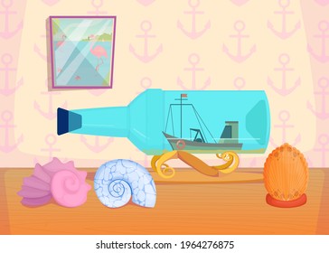 Cartoon fishing boat in bottle and seashells. Flat vector illustration. Cute collection of ocean symbols. Impossible bottle and seashells on table. Ocean, marine industry, sea fishing concept