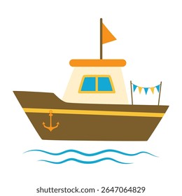 cartoon fishing boat, flat vector illustration isolated on white background