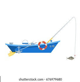 Cartoon Fishing Boat Isolated on White Background for Card Flat Design Style. Vector illustration