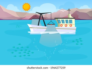 Cartoon fishing boat with lowered fishing net into sea. Flat vector illustration. Harbor trawler in process of catching fish in landscape background. Ocean, food, marine industry, sea fishing concept