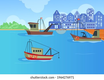 Cartoon fishing boats in harbor flat vector illustration. Three trawlers shipping seafood near landing pier and city background. Ocean, marine industry, sea fishing, transportation concept for design