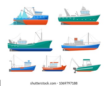 Cartoon Fishing Boats Icons Set Ship or Vessel Marine Transport Elements Concept Flat Design Style. Vector illustration of Boat