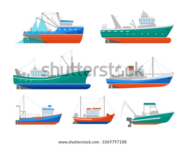 Vector De Stock Libre De Regalias Sobre Dibujo De Barcos De Pesca Iconos1069797188