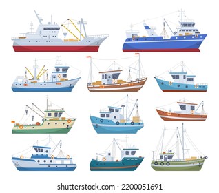 Cartoon fishing boats, seafood industry nautical ships. Commercial fishing ships, fishermen shipping trawlers flat vector illustrations collection. Fishing boats set