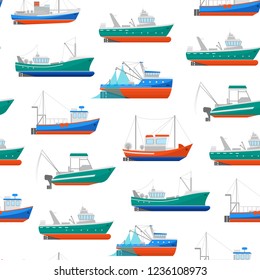 Cartoon Fishing Boats Seamless Pattern Background on a White Ship or Vessel Marine Transport Elements Concept Flat Design Style. Vector illustration of Boat