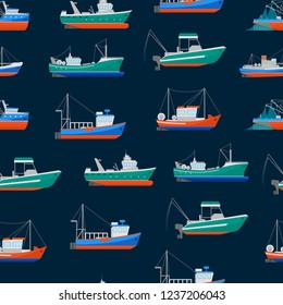 Cartoon Fishing Boats Seamless Pattern Background Ship or Vessel Marine Transport Elements Concept Flat Design Style. Vector illustration of Boat