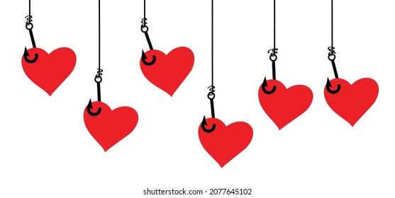 Cartoon fishing hook with love heart banner. Fishing with lover. Fish rods icon or pictogram. I love fishing for 14 february, valentine, valentines day. XOXO