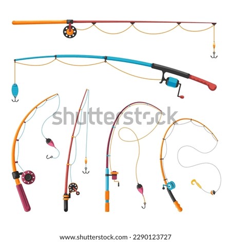 Cartoon fishing rods. Colourful isolated rod with spinning reel lines on bamboo pole for fish catch, fisherman tackle angling equipment hook lure bobber, vector illustration of fishing rod for catch Foto stock © 