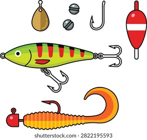 Cartoon fishing tackle vector set featuring colorful hard lure, soft plastic grub, spinner, jig head, hook, sinkers, and float, isolated on a white background for angling and outdoor design.