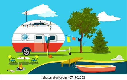 Cartoon fishing trip scene with a vintage camper, a boat, a fire pit, camping table and laundry line, EPS 8 vector illustration, no transparencies