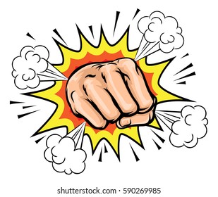Cartoon fist hand with a comic book explosion

