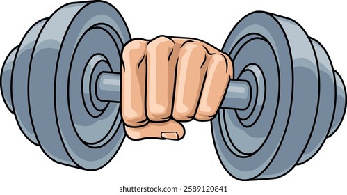 A cartoon fist hand holding weight lifting dumbbell gym illustration.