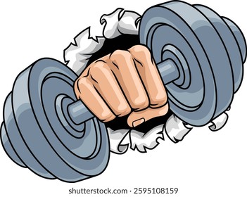 A cartoon fist hand holding weight lifting dumbbell gym illustration.