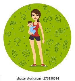 Cartoon fit mom in sporty clothes holding a baby boy. Young woman is slim and pretty, symbolizing healthy lifestyle. Background is a pattern of fitness related items.