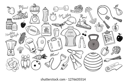 Cartoon fitness doodles on white background
