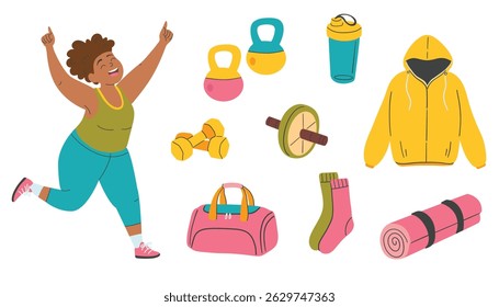 Cartoon fitness equipment and sport woman. Sport bag, yoga mat, jump rope, dumbbells, ab roller. Healthy lifestyle. Hand drawn vector illustration isolated 