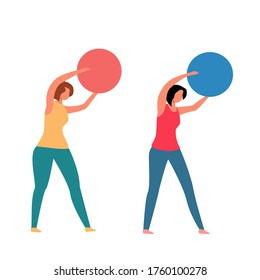 Cartoon fitness girls with fitball doing exercise for lifestyle design. Fitness on the street. flat vector illustration. joint training. Home exercise for pregnant women. training for a healthy spine.