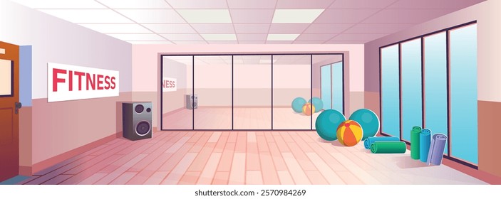 Cartoon fitness room interior, doing morning exercises, doing sports, doing exercises, fitness, dancing, sports. Flat Vector Illustration.