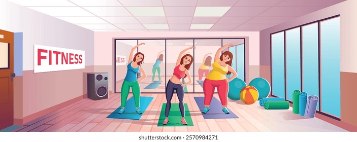 Cartoon fitness room interior with girls doing morning exercises, girls doing sports, doing exercises, fitness, dancing, group sports. Flat Vector Illustration.