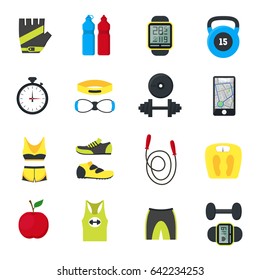 Cartoon Fitness Sport Tools Icons Set Clothing and Equipment for Workout Flat Design Style. Vector illustration