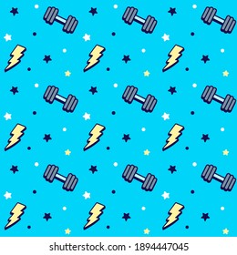 Cartoon fitness weightlifting pattern with dumbbells, lightning bolts and stars. Cute hand drawn doodles, bright comic style. Vector seamless texture illustration.