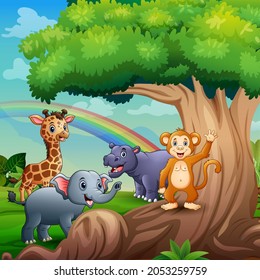Cartoon five animals playing under the big tree