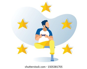 Cartoon Five Golden Stars. Victory Rating, Evaluate Rate Illustration. Male Gamer Character with Joystick. Game Achievement. Quality Assurance Survey. Critic Reviewer at Work. Isolated Flat Vector