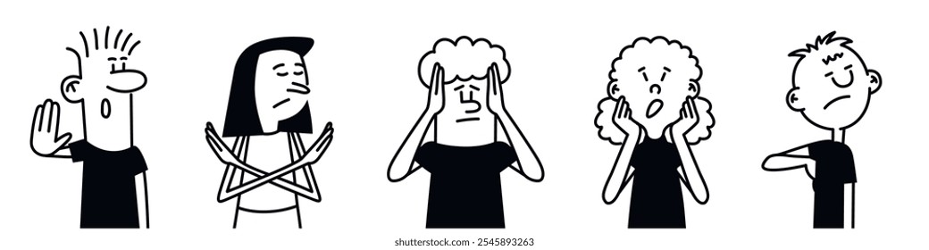 Cartum de cinco pessoas com as mãos cruzadas sobre seus rostos. O desenho é preto e branco. Ilustração de vetor desenhada à mão. Preto e branco.