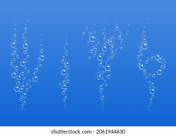 Cartoon fizzing flow of air underwater bubbles in water, soda, sea. Foam bubbles. Vector illustration on blue background.