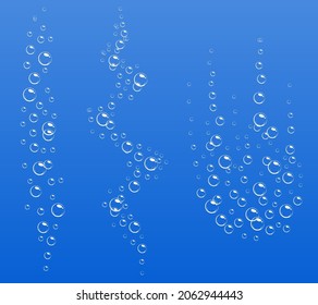 Cartoon fizzing flow of air underwater bubbles in water, soda, sea. Foam bubbles. Vector illustration on blue background.