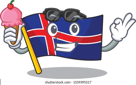 Cartoon flag iceland the mascot with ice cream