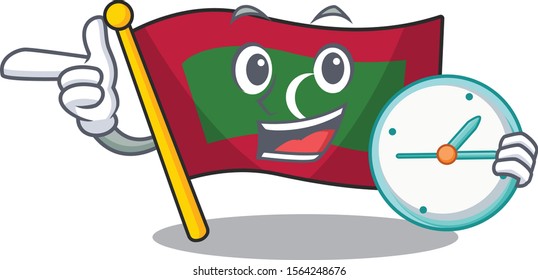 Cartoon flag maldives isolated in character with bring clock