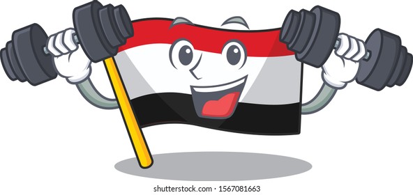 Cartoon flag yemen isolated in with bring barbell character