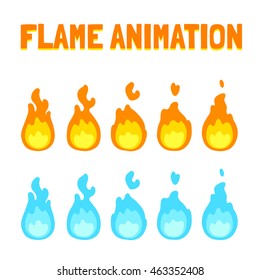 Cartoon Flame Animation For Game. Normal And Blue Magic Fire. Short 5 Frame Loop.