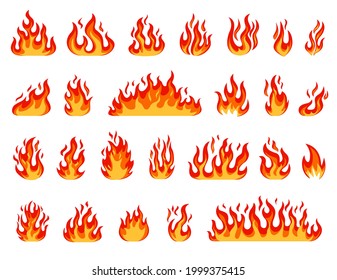 Cartoon flame. Bonfire flames, fireballs, burning candle or torch flame, blazing fire. Comic red or orange hot flaming fires effect vector set. Dangerous heat, flammable wildfire objects