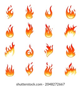 Colección de llama de dibujos animados. Llamas calientes, calor rojo resplandeciente aislado. Calentar elementos gráficos, efecto antorcha. La hoguera forma iconos vectoriales recientes