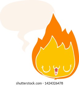 Cartoon-Flamme mit Gesicht mit Sprachblase im Retro-Stil