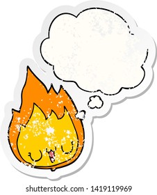 cartoon flame with face with thought bubble as a distressed worn sticker